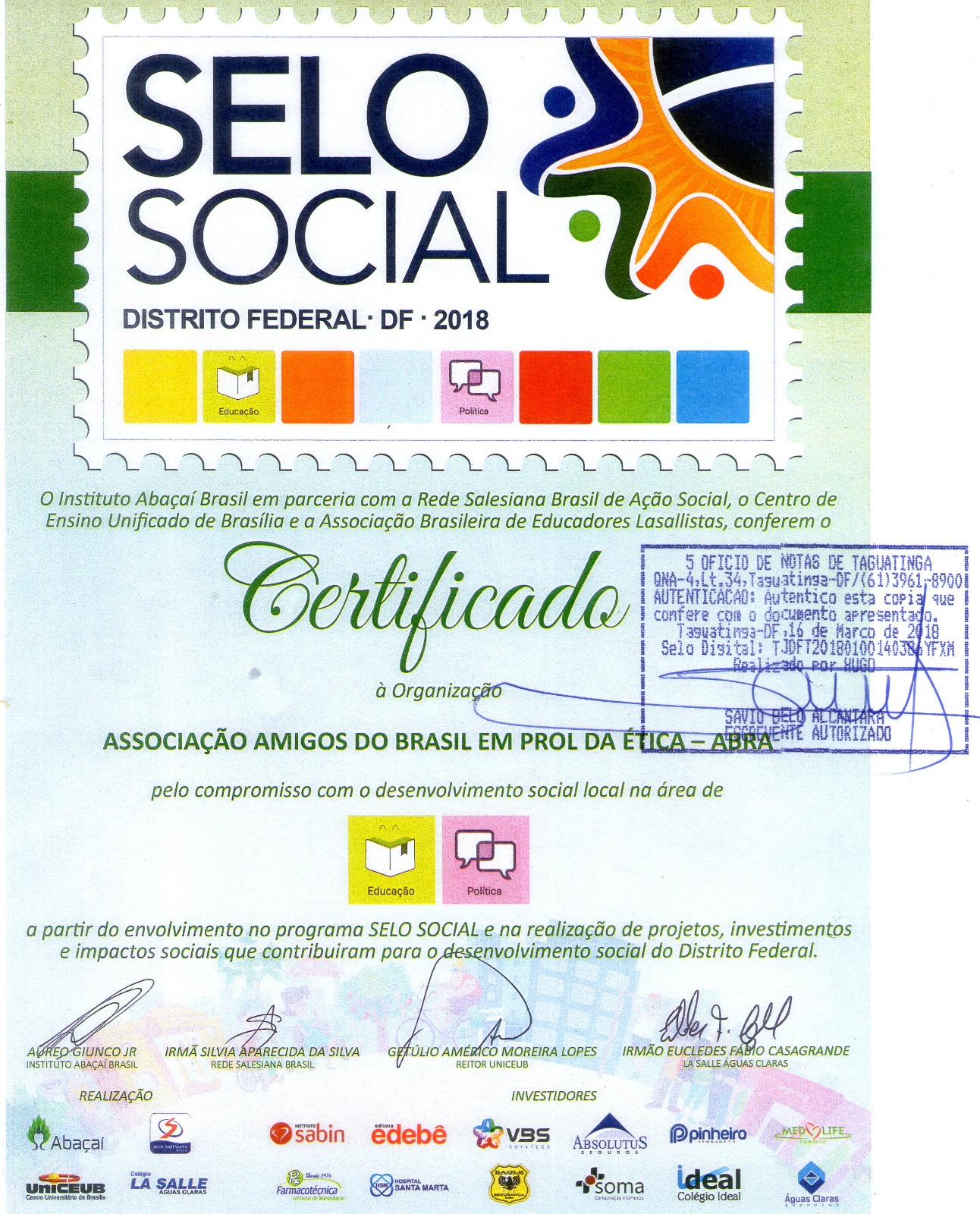 Certificado Selo Social DF 2018 — Educação e Política