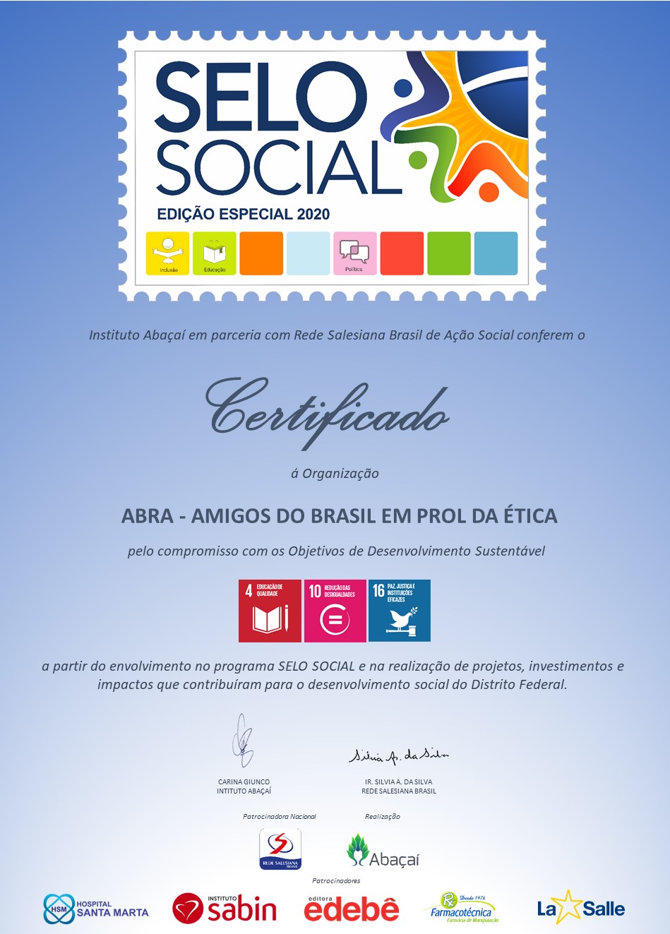 Certificado Selo Social DF — Edição Especial 2020